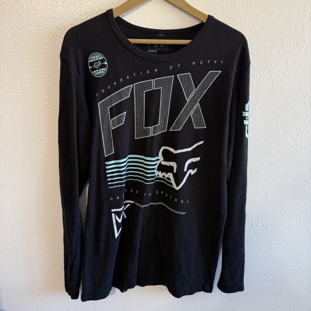FOX Men's XL Black Teal Waffle Knit Graphic Thermal Knit Long Sleeve Top Punk
